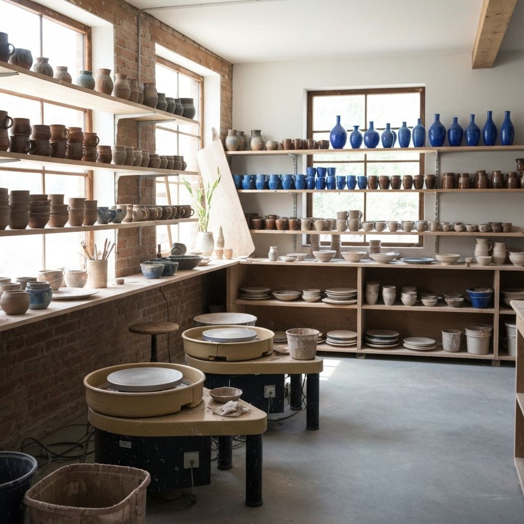 Interior of Cornwall Clay Craft pottery studio showing pottery wheels, shelves of ceramics, and natural lighting