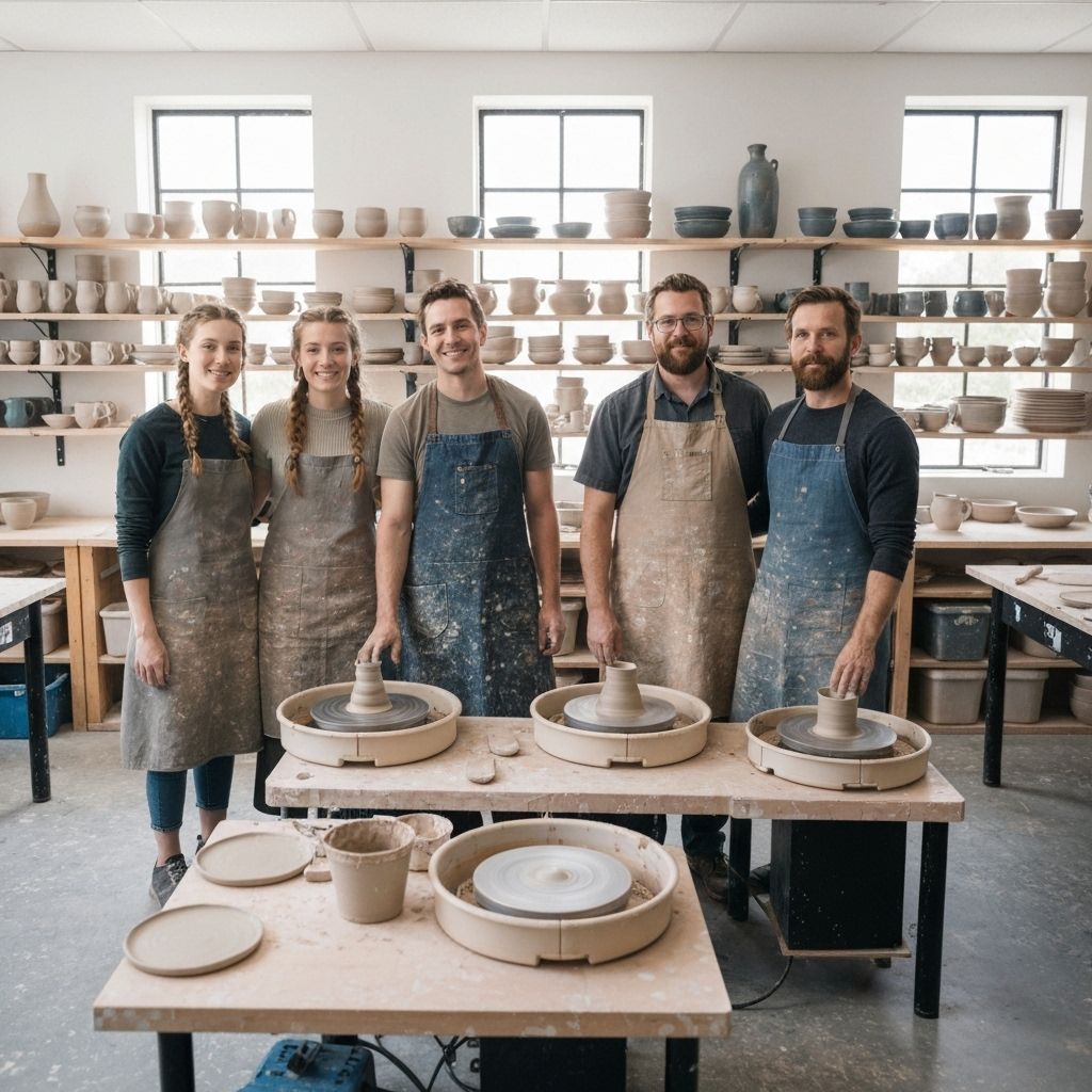 Cornwall Clay Craft pottery team of 5 members standing together in the studio surrounded by pottery wheels and finished ceramics