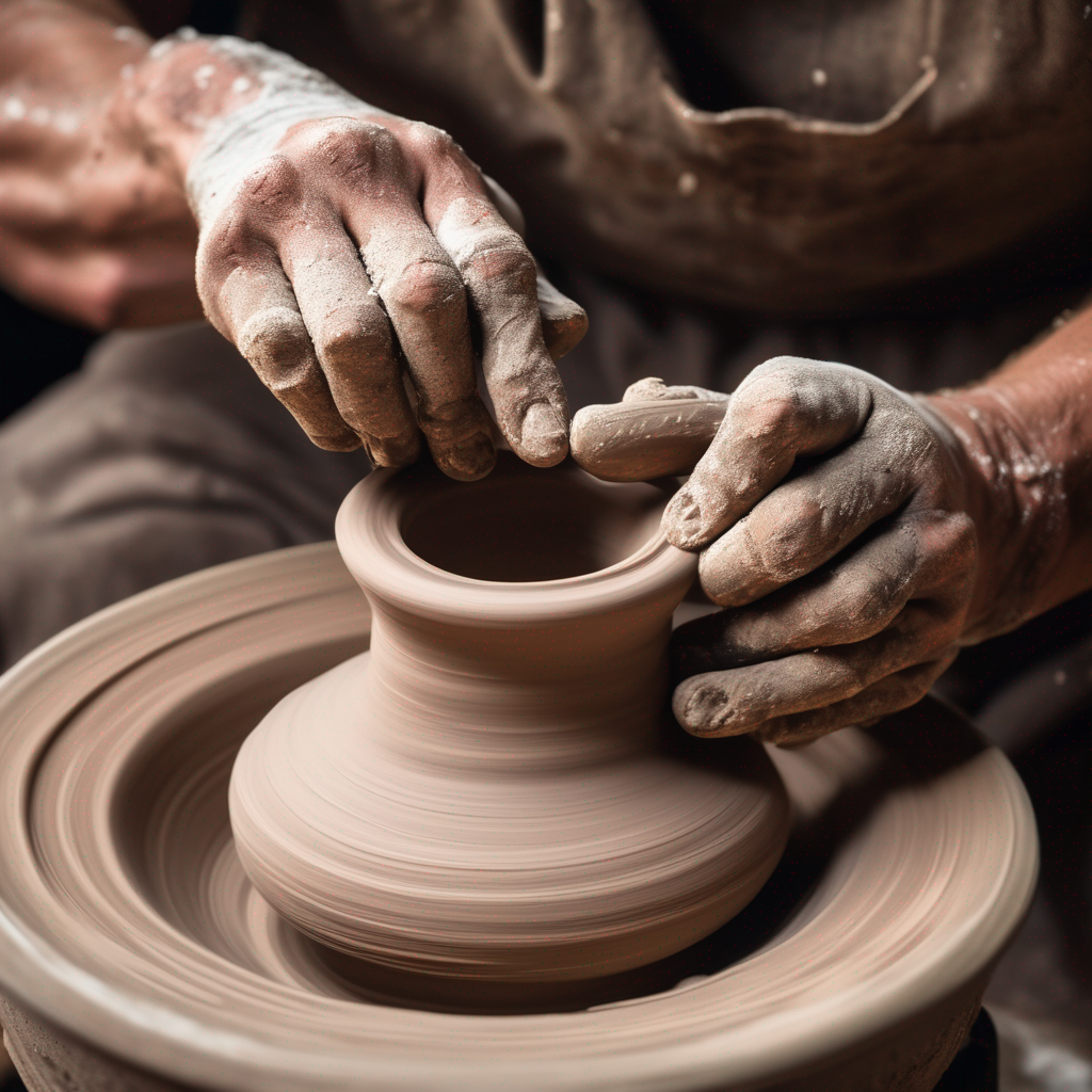 Potter's hands shaping clay on a pottery wheel in Cornwall Clay Craft studio